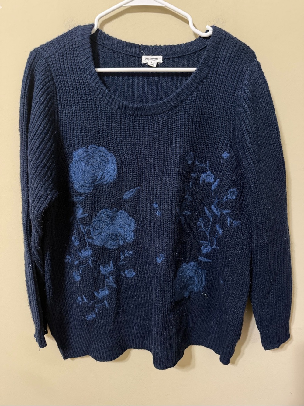 Worthington 2x plus charming Navy Floral embroidered Knit Sweater cozy chic soft